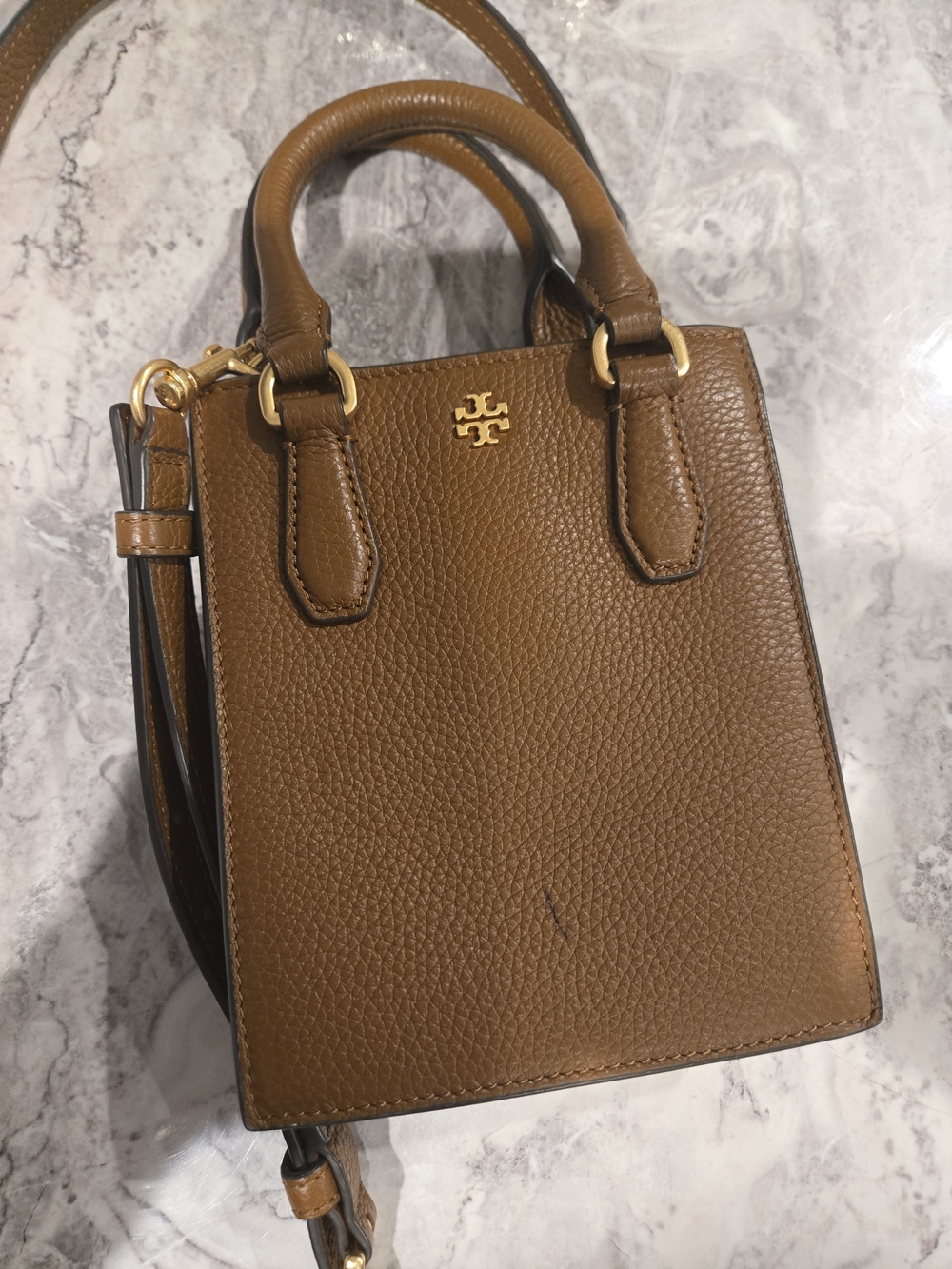 Tory Burch Tan Pebbled Leather Mini Satchel with Gold Logo